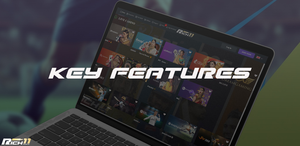 Highlights include sportsbook options, slot machines, secure transactions, and user-friendly interface